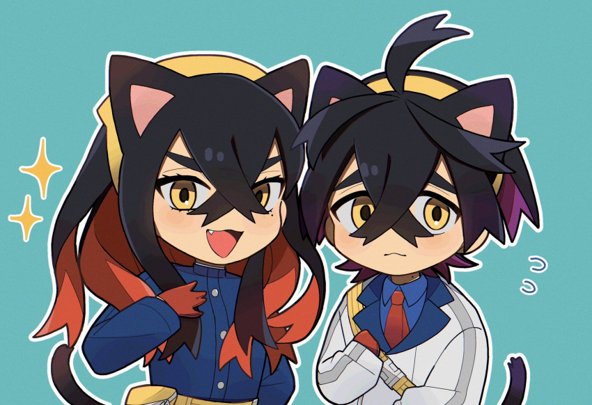 1boy 1girl animal_ears aqua_background bag black_hair blue_jacket blue_shirt blush brother_and_sister carmine_(pokemon) cat_boy cat_ears cat_girl cat_tail chibi collared_shirt crossed_bangs fang flying_sweatdrops gloves hair_between_eyes hairband highres jacket kieran_(pokemon) long_hair long_sleeves looking_at_viewer mole mole_on_neck mole_under_eye multicolored_hair open_mouth outline pokemon pokemon_sv purple_hair red_gloves redhead shirt siblings simple_background sparkle tail upper_body usagi_mochi_(nsi_0012) white_outline yellow_eyes