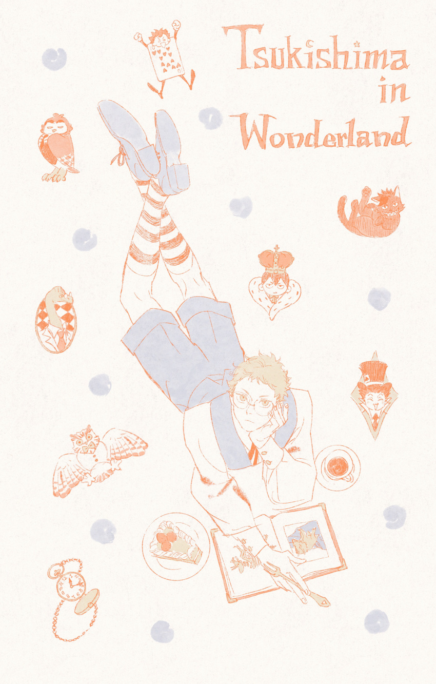 1boy absurdres akaashi_keiji alice_in_wonderland animal animalization bird blue_footwear blue_shorts blue_vest bokuto_koutarou book cat character_request chengongzi123 closed_mouth commentary english_text fork from_above haikyuu!! hand_on_own_cheek hand_on_own_face head_rest highres hinata_shouyou holding holding_fork kageyama_tobio kneehighs kuroo_tetsurou limited_palette long_sleeves looking_at_viewer lying mad_hatter_(alice_in_wonderland) male_focus on_stomach owl pocket_watch puffy_long_sleeves puffy_sleeves shoes shorts simple_background socks striped_clothes striped_socks symbol-only_commentary tsukishima_kei vest watch white_background