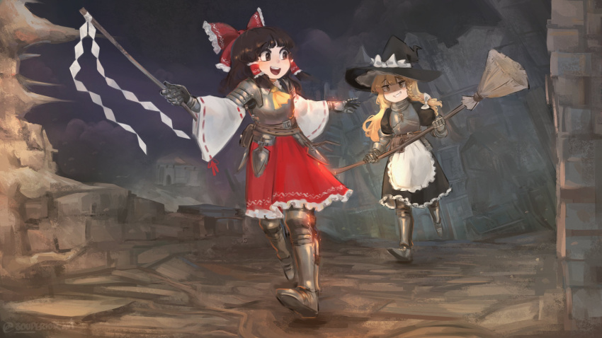 2girls absurdres apron armor armored_boots armored_dress armored_gloves ascot black_skirt blonde_hair boots bow braid breastplate broom brown_eyes brown_hair cuirass faulds frilled_bow frilled_skirt frills gauntlets gohei greaves hair_bow hair_tubes hakurei_reimu hat hat_bow highres holding holding_broom holding_gohei kirisame_marisa multiple_girls open_mouth pauldrons red_bow red_skirt ribbon-trimmed_sleeves ribbon_trim shoulder_armor side_braid single_braid skirt souperior touhou white_bow witch_hat yellow_ascot yellow_eyes