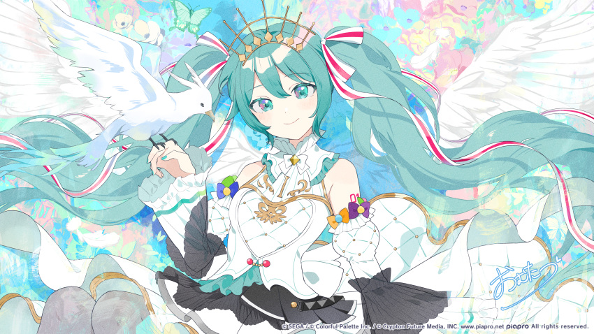 1girl absurdres aqua_eyes aqua_hair aqua_nails bird bird_on_hand blush closed_mouth commentary_request copyright_name copyright_notice detached_sleeves frilled_sleeves frills hair_ribbon hatsune_miku highres long_hair long_sleeves looking_at_viewer nail_polish official_art omutatsu pleated_skirt project_sekai ribbon shirt sidelocks signature skirt sleeveless sleeveless_shirt smile solo twintails upper_body very_long_hair vocaloid white_bird white_shirt white_sleeves