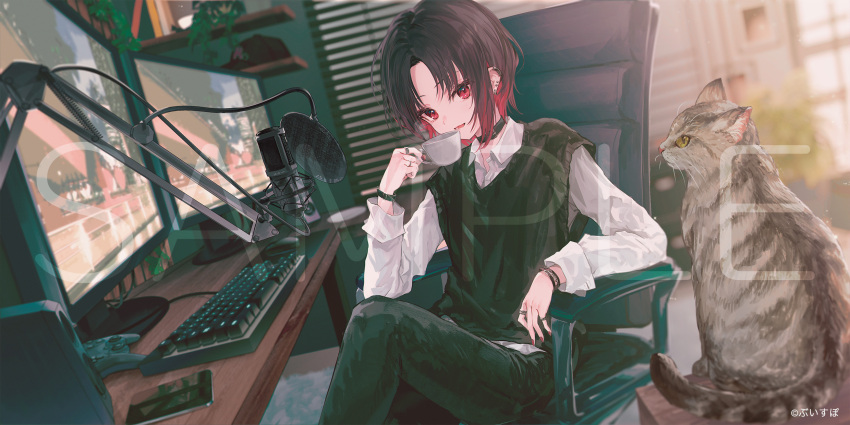 1girl animal black_hair black_pants blurry blurry_background brown_eyes cat cellphone chair collared_shirt commentary_request controller cup depth_of_field dress_shirt ear_piercing game_controller hand_up highres holding holding_cup indoors keyboard_(computer) kisaragi_ren_(vtuber) looking_at_viewer makihitsuji microphone monitor mouse_(computer) mousepad_(object) multicolored_hair office_chair official_art on_chair pants parted_bangs phone piercing red_eyes redhead sample_watermark shirt smile solo sweater_vest swivel_chair two-tone_hair virtual_youtuber vspo! watermark white_shirt
