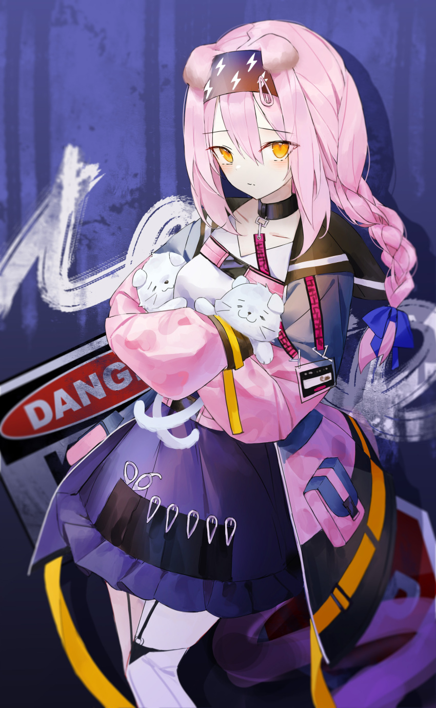 0_(znanimo) 1girl absurdres animal animal_ears arknights black_choker black_hairband blue_bow bow braid braided_ponytail cat cat_ears choker closed_mouth coat collarbone feet_out_of_frame goldenglow_(arknights) graffiti hair_bow hairband high-waist_skirt highres holding holding_animal holding_cat lightning_bolt_print long_hair long_sleeves looking_at_viewer open_clothes open_coat pink_coat pink_hair purple_skirt scissors scottish_fold single_braid skirt solo standing thigh-highs white_thighhighs zettai_ryouiki