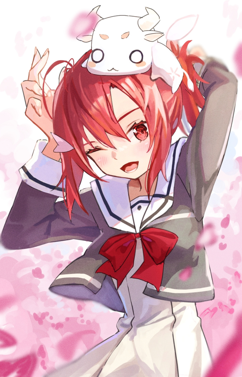 1girl ;d animal_on_head arms_up blush bow bowtie dress falling_petals fuji_sakura hair_between_eyes hair_ornament highres long_sleeves looking_at_viewer lower_teeth_only on_head one_eye_closed open_mouth petals pink_background ponytail red_bow red_bowtie red_eyes redhead ribbon sailor_collar sailor_dress school_uniform smile solo teeth two-tone_background white_background white_dress white_sailor_collar yuuki_yuuna yuuki_yuuna_wa_yuusha_de_aru yuusha_de_aru