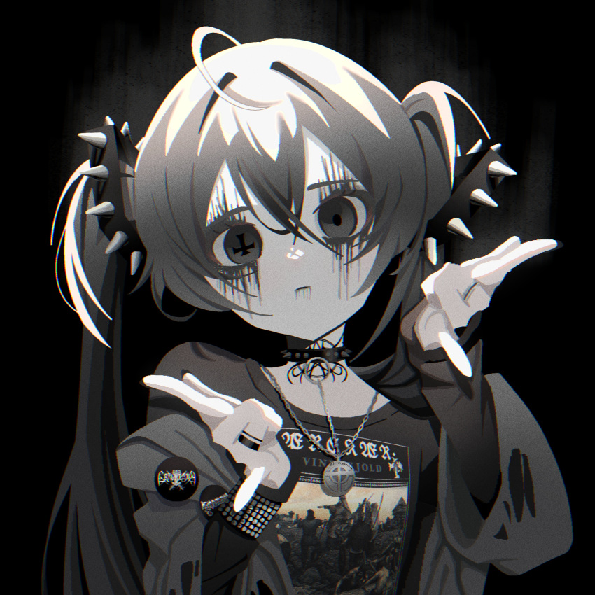 1girl \n/ absurdres ahoge badge black_background black_shirt button_badge choker dissection_(band) expressionless eyeliner graveland_(band) hair_between_eyes hairband hatsune_miku highres irreligiositat jacket jewelry long_hair long_sleeves looking_at_viewer makeup mismatched_pupils necklace off_shoulder open_clothes open_jacket pale_skin partially_colored ring shirt simple_background solo spiked_choker spiked_hairband spikes t-shirt twintails upper_body vocaloid