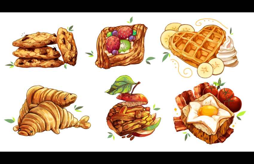apple bacon banana banana_slice chocolate_chip_cookie cookie croissant egg_(food) food food_focus fried_egg fruit heart-shaped_food ichiknees no_humans original pastry strawberry tomato waffle whipped_cream white_background