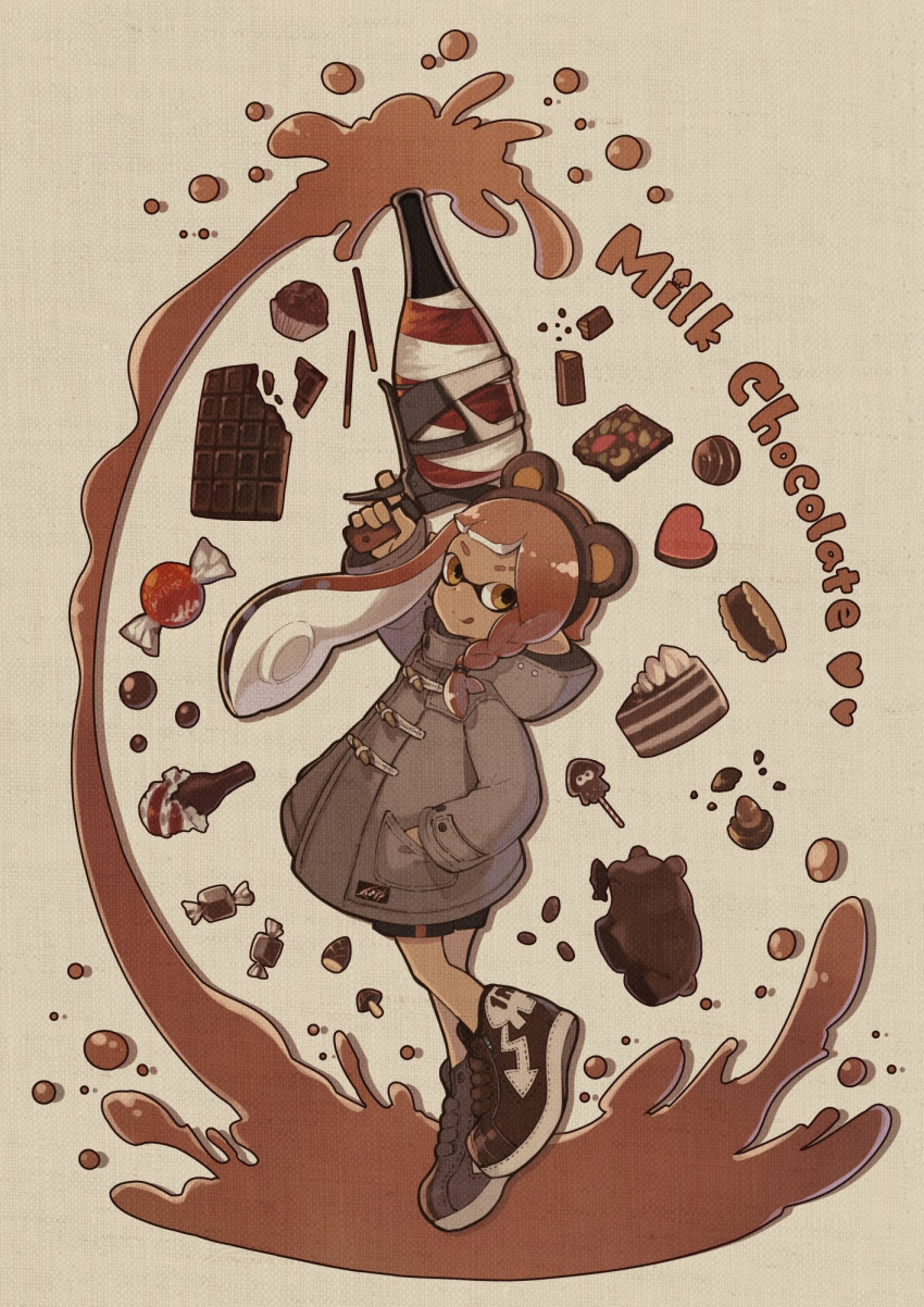 1girl bear braid brown_hair cake cake_slice candy chestnut chocolate coat english_text food full_body grey_coat hand_in_pocket hanokage heart heart-shaped_chocolate highres inkling_girl inkling_player_character licking_lips lollipop long_hair looking_at_viewer macaron muffin mushroom pocky single_braid solo splatoon_(series) splatoon_3 squeezer_(splatoon) tentacle_hair tongue tongue_out wrapped_candy