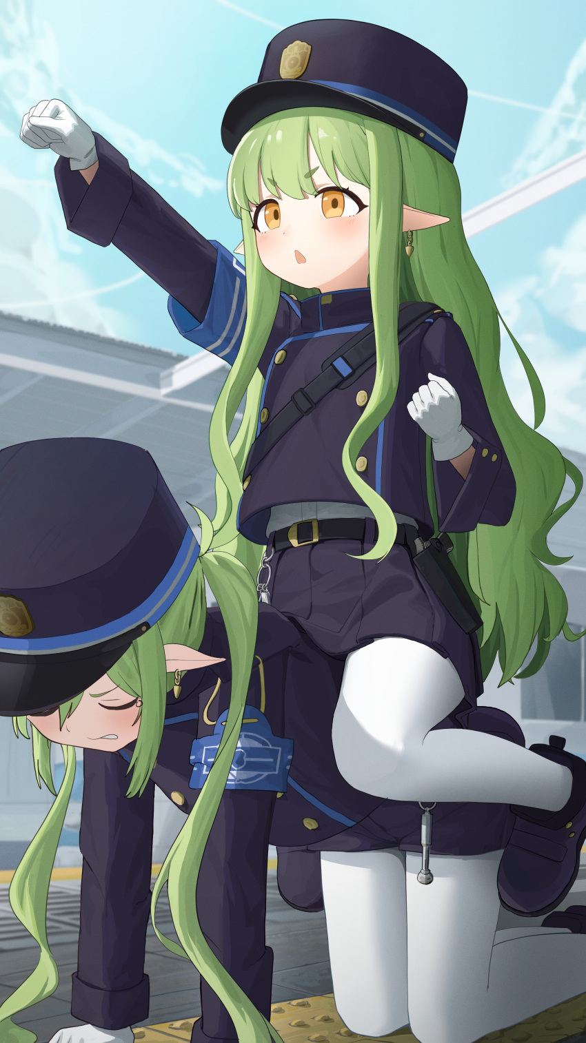 2girls absurdres all_fours belt blue_archive blush clenched_hands clenched_teeth earrings flat_chest gloves green_hair hat highres hikari_(blue_archive) hub_(havu_obi) jewelry long_hair multiple_girls nozomi_(blue_archive) open_mouth pantyhose pleated_skirt pointy_ears shorts sitting sitting_on_person skirt teeth twintails white_gloves white_pantyhose yellow_eyes