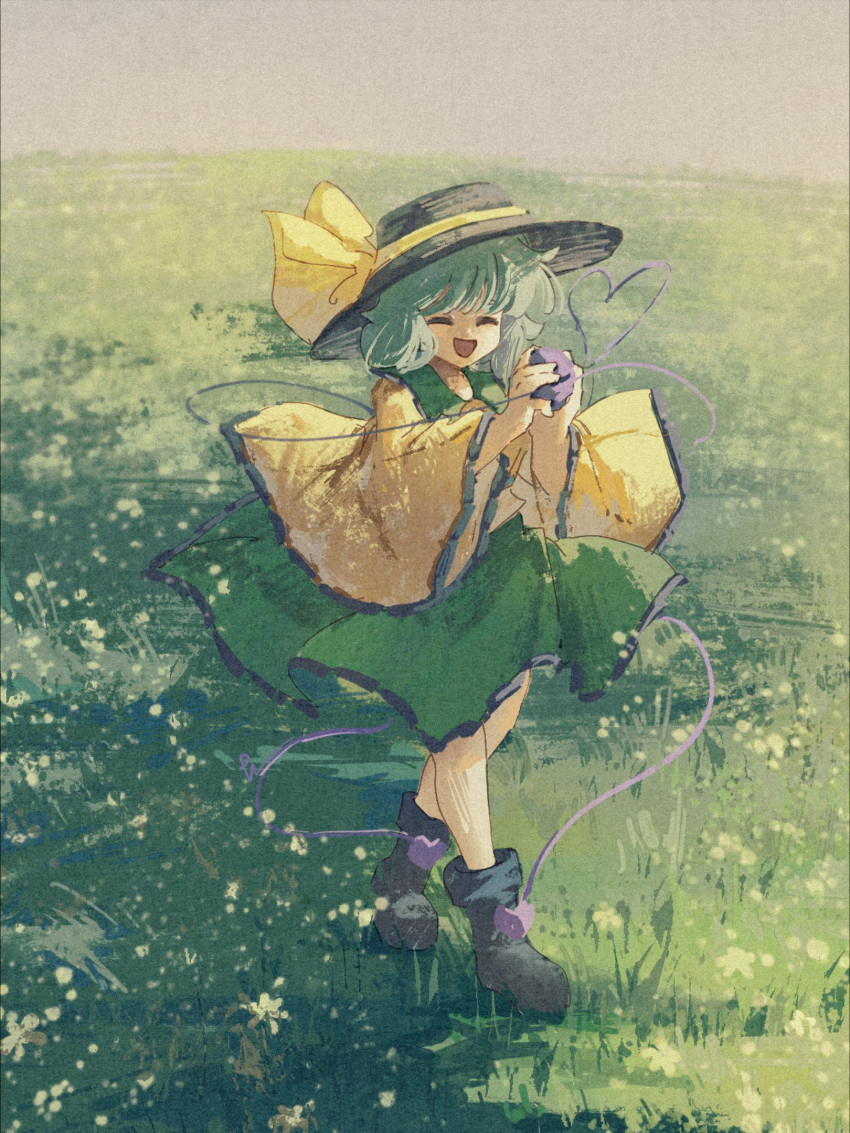 1girl black_footwear black_hat boots closed_eyes day full_body ge_dazuo grass green_skirt hat hat_ribbon heart heart_of_string highres holding holding_eyeball komeiji_koishi long_sleeves open_mouth outdoors ribbon shirt skirt smile solo standing touhou wide_sleeves yellow_ribbon yellow_shirt