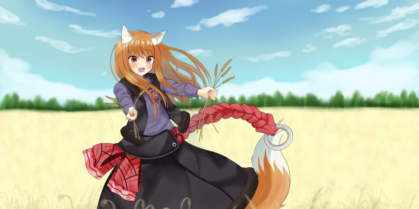 1girl :d absurdres animal_ear_fluff animal_ears black_skirt black_vest blue_shirt blue_sky blunt_bangs blush brown_hair commentary day english_commentary fang feet_out_of_frame floating_hair fur-trimmed_skirt fur-trimmed_vest fur_trim happy highres holding_wheat holo im_kaj long_hair long_skirt long_sleeves looking_at_viewer open_clothes open_mouth open_vest outdoors outstretched_arms red_eyes shirt skirt sky smile solo spice_and_wolf straight_hair tail vest wheat wheat_field wind wolf_ears wolf_girl wolf_tail