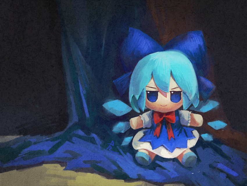 1girl blue_bow blue_dress blue_eyes blue_footwear blue_hair bow bowtie cirno closed_mouth dress fumo_(doll) ge_dazuo hair_bow hashtag-only_commentary highres jitome looking_at_viewer painterly red_bow red_bowtie short_hair short_sleeves sitting smile solo straight-on touhou wings