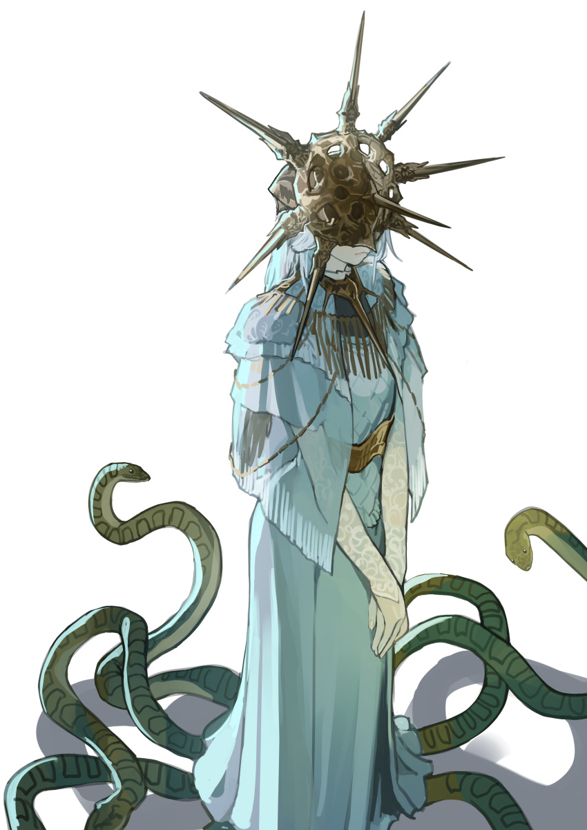 1boy absurdres closed_mouth covered_eyes dark_souls_(series) dark_souls_i dark_sun_gwyndolin dress full_body gold_necklace grey_dress grey_hair helmet highres jewelry lace_sleeves long_hair male_focus miao_jiangyou necklace otoko_no_ko own_hands_together simple_background snake solo standing white_background