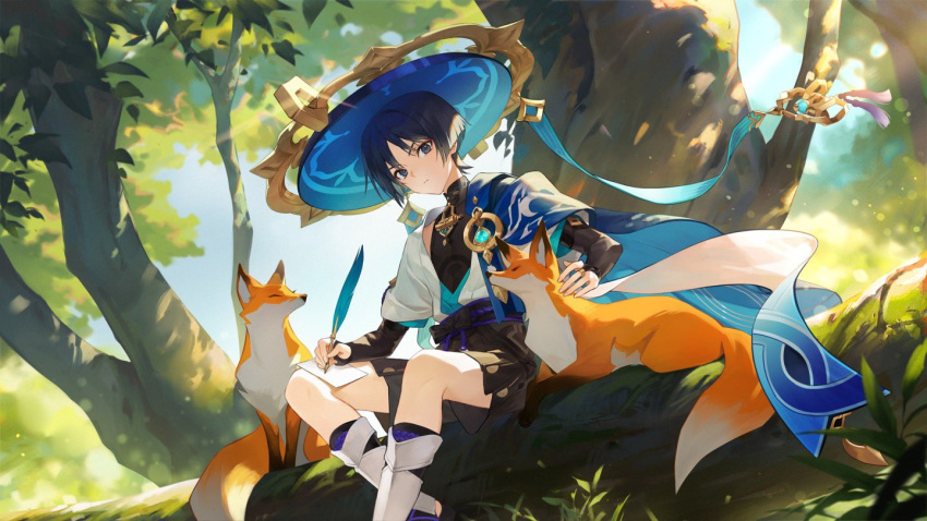1boy black_bow black_hair black_shirt black_shorts blue_cape blue_hat blue_ribbon blue_sky blunt_ends blurry blurry_background bow branch bridal_gauntlets cape choppy_bangs closed_mouth commentary_request dappled_sunlight day english_commentary eyeshadow feet_out_of_frame fox frown genshin_impact hat hat_ribbon holding holding_quill in_tree jacket jingasa korean_commentary lens_flare light_particles looking_at_viewer makeup male_focus masa_ashe mixed-language_commentary open_clothes open_jacket outdoors paper parted_bangs pom_pom_(clothes) purple_sash quill red_eyeshadow ribbon sash scaramouche_(genshin_impact) shirt short_hair short_shorts short_sleeves shorts sitting sitting_in_tree sky sleeveless sleeveless_shirt solo sunlight tassel tree violet_eyes vision_(genshin_impact) wanderer_(genshin_impact) white_jacket