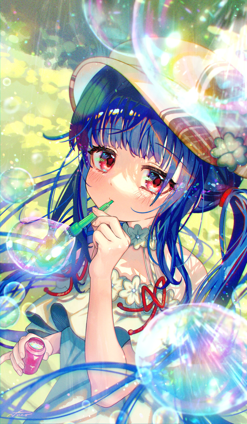 1girl absurdres blowing_bubbles blue_hair bubble cabbie_hat commentary_request commission dress green_dress hat highres holding long_hair looking_at_viewer off-shoulder_dress off_shoulder original outdoors red_eyes skeb_commission soap_bubbles solo twintails upper_body yukinuno