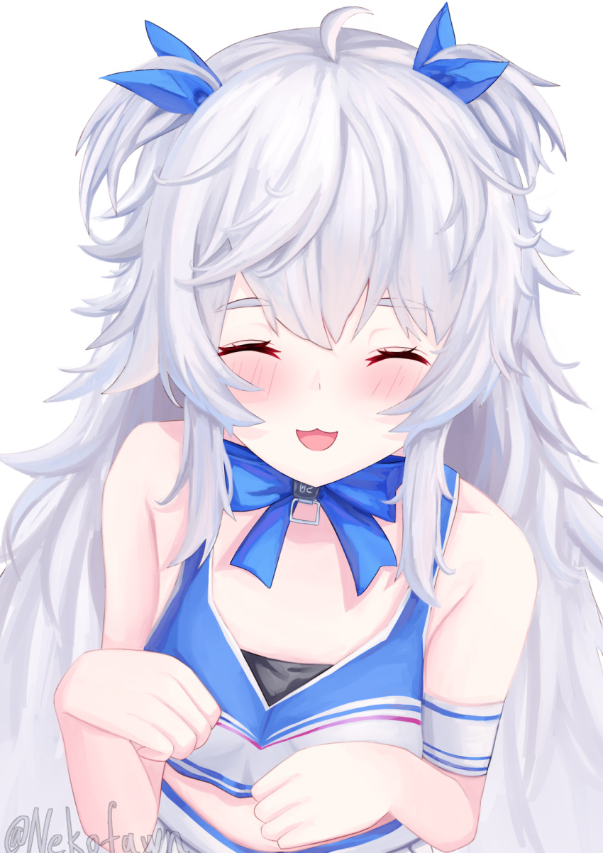 1girl :3 ahoge blush closed_eyes crop_top flat_chest goddess_of_victory:_nikke highres long_hair neko_fawn official_alternate_costume open_mouth poli_(cheer_up_police)_(nikke) poli_(nikke) short_twintails simple_background skirt smile twintails upper_body white_background white_hair