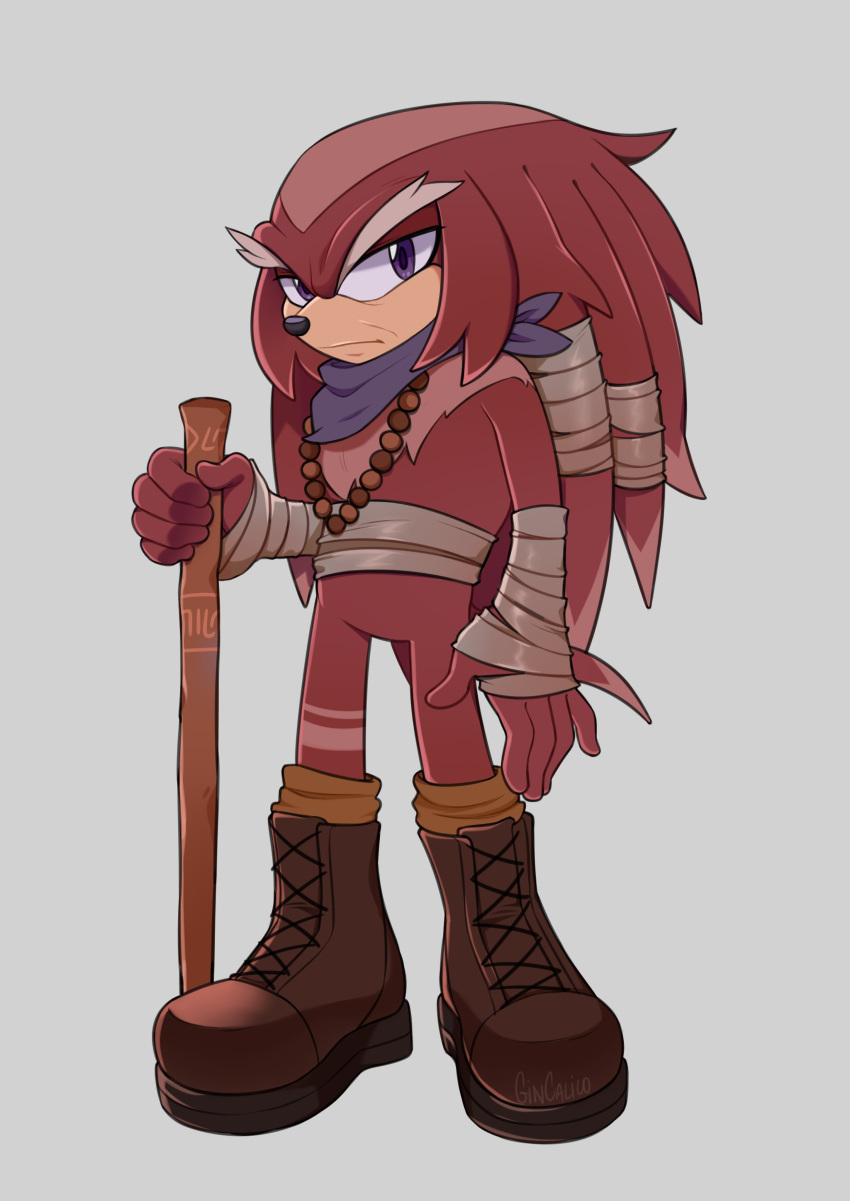 1boy absurdres bandaged_wrist bandages bead_necklace beads boots brown_footwear furry furry_male gincalico grey_background grey_eyebrows highres holding holding_staff jewelry looking_at_viewer necklace original purple_bandana red_fur simple_background solo sonic_(series) staff violet_eyes