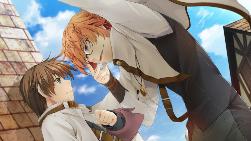 2boys adjusting_eyewear against_wall alto_travers atelier-moo belt bespectacled blue_eyes brown_hair cloak closed_mouth clouds eleick_meola glasses green_eyes hair_between_eyes highres kabedon long_sleeves multiple_boys open_mouth short_hair sky smile standing town white_cloak wizards_symphony