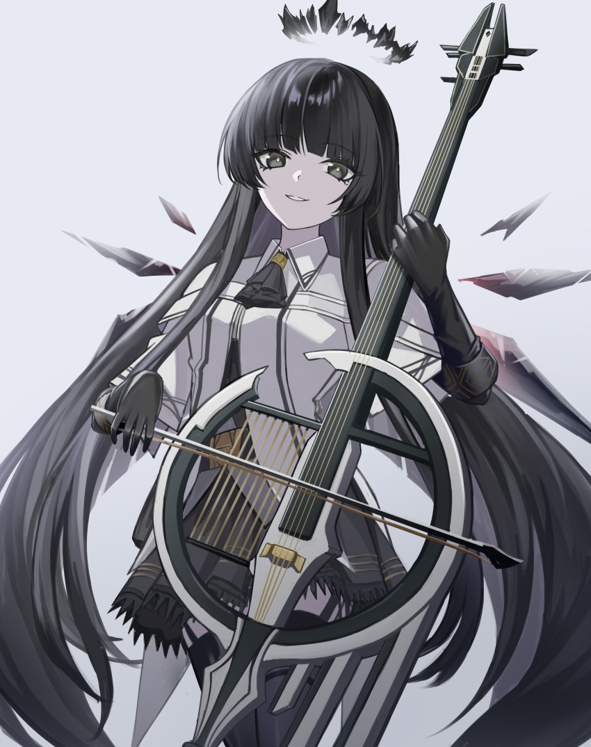 1girl absurdres arknights black_eyes black_gloves black_hair black_skirt bow_(weapon) commentary cowboy_shot gloves grey_background halo highres holding holding_bow_(weapon) holding_instrument holding_weapon instrument jacket kit_(kit7lq) long_hair looking_at_viewer simple_background skirt smile solo virtuosa_(arknights) weapon white_jacket wings