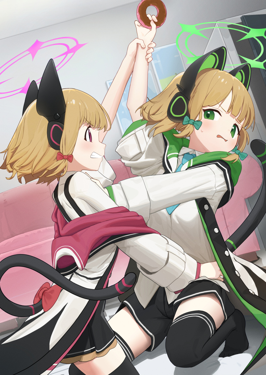 2girls absurdres animal_ear_headphones animal_ears arm_up black_shorts black_skirt black_thighhighs blonde_hair blue_archive blue_necktie blush bow clenched_teeth collared_shirt commentary_request couch doughnut dress_shirt fake_animal_ears food green_eyes halo headphones highres holding holding_food hub_(havu_obi) indoors jacket long_sleeves midori_(blue_archive) momoi_(blue_archive) multiple_girls necktie no_shoes off_shoulder on_floor open_clothes open_jacket parted_lips pleated_skirt profile red_bow shirt shorts siblings sisters skirt suspender_skirt suspenders sweat tail teeth thigh-highs twins v-shaped_eyebrows violet_eyes white_shirt