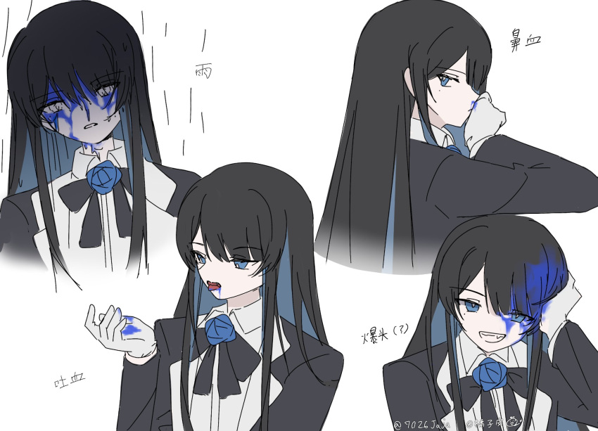 1girl 7026jaja ado_(utaite) black_bow black_bowtie black_coat black_hair blue_eyes blue_flower blue_hair blue_rose bow bowtie chando_(ado) cloud_nine_inc coat collared_shirt colored_inner_hair commentary cropped_torso dress_shirt fangs flower flower_brooch gloves hashtag-only_commentary head_tilt highres long_hair long_sleeves looking_at_viewer mars_(ado) mole mole_under_eye multicolored_hair multiple_views open_clothes open_coat open_mouth paint_in_hair paint_on_clothes paint_splatter paint_splatter_on_face parted_lips rose shirt sidelocks simple_background translation_request twitter_username two-tone_hair upper_body utaite white_background white_gloves white_shirt