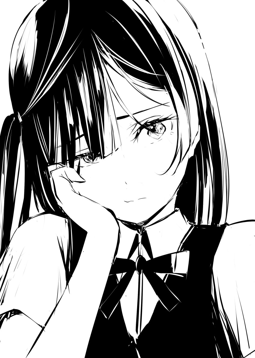 1girl absurdres closed_mouth collared_shirt commentary_request furrowed_brow greyscale hand_on_own_cheek hand_on_own_face head_rest highres long_hair looking_at_viewer love_live! love_live!_nijigasaki_high_school_idol_club monochrome neck_ribbon nijigasaki_academy_school_uniform one_side_up portrait ribbon school_uniform shirt short_sleeves solo summer_uniform tommer upper_body vest white_background yuki_setsuna_(love_live!)