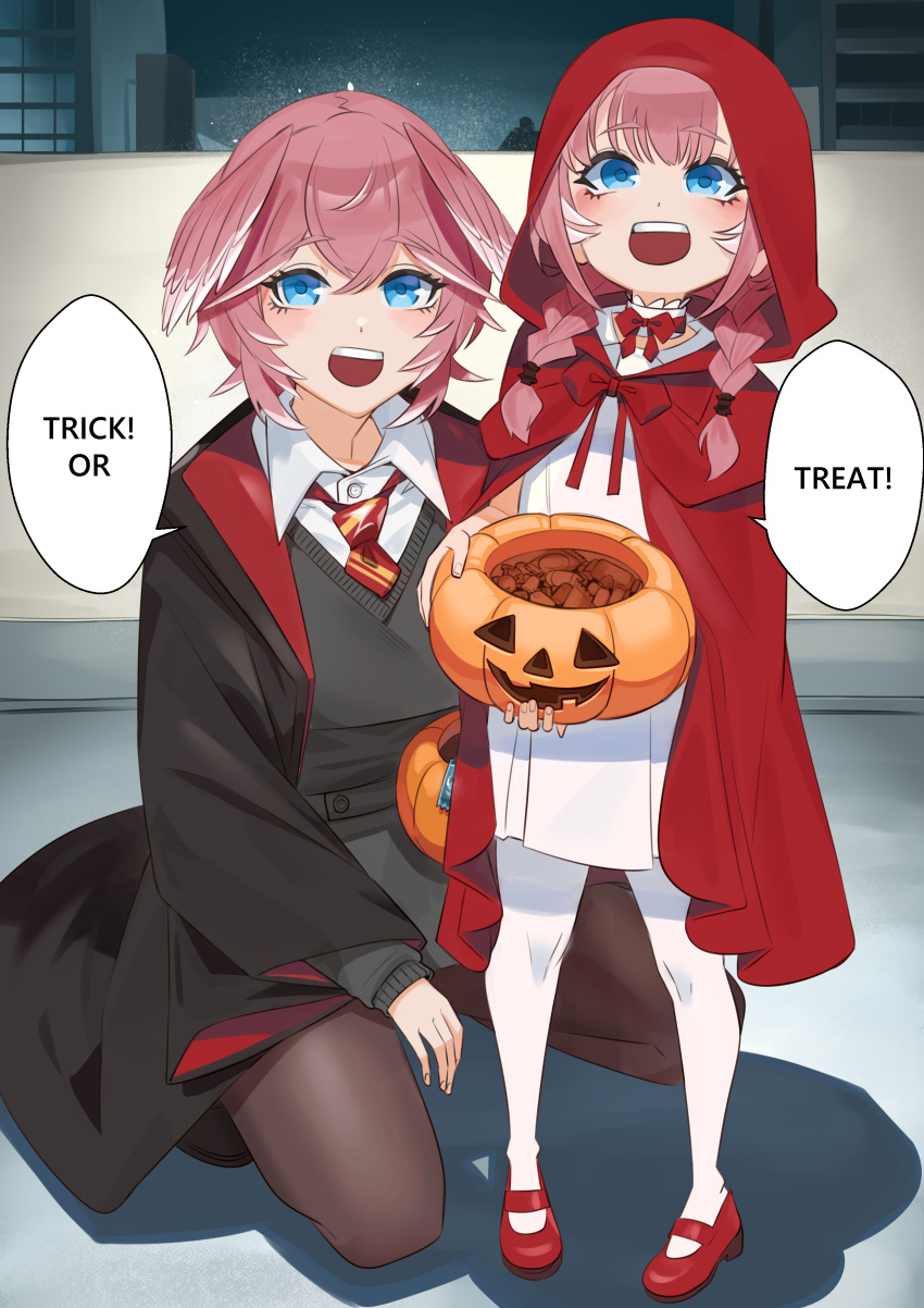 2girls :d absurdres black_robe blue_eyes bow bowtie braid brown_pantyhose building candy child choker cloak collared_shirt cosplay dress dress_shirt dual_persona food gradient_hair grey_skirt grey_sweater gryffindor hair_wings halloween halloween_bucket harry_potter_(series) head_wings highres hogwarts_school_uniform hololive hood hood_up jack-o'-lantern kneeling little_red_riding_hood_(grimm) little_red_riding_hood_(grimm)_(cosplay) long_hair long_sleeves looking_at_viewer miniskirt mother_and_daughter multicolored_hair multiple_girls necktie night paid_reward_available pantyhose pink_hair pumpkin red_bow red_bowtie red_cloak red_hood red_necktie robe school_uniform shirt short_hair skirt smile speech_bubble standing sweater takane_lui trick_or_treat twin_braids virtual_youtuber white_choker white_dress white_hair white_pantyhose white_shirt wing_collar wings wizarding_world yan_jhia