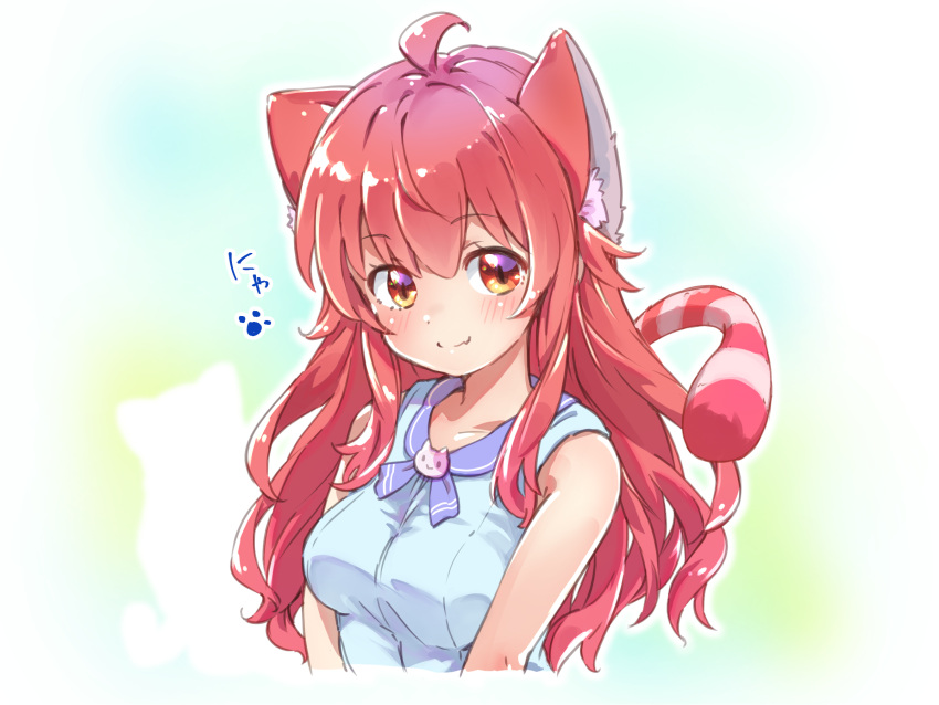 1girl ahoge animal_ear_fluff animal_ears blue_shirt blush breasts brown_eyes brown_hair cat_ears cat_girl cat_tail closed_mouth commentary_request cropped_torso fang hair_between_eyes highres icorasama kemonomimi_mode large_breasts long_hair looking_at_viewer machikado_mazoku partial_commentary paw_print shirt sidelocks simple_background sleeveless sleeveless_shirt slit_pupils smile split_mouth striped_tail tail tareme upper_body yoshida_yuuko_(machikado_mazoku)