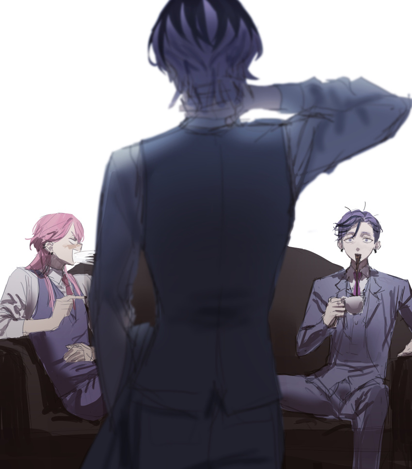 absurdres arm_behind_head chamuring couch cup from_behind haitani_ran haitani_rindou hand_on_own_neck highres holding holding_cup laughing looking_at_another male_focus multicolored_hair multiple_boys necktie pants pink_hair purple_hair purple_suit red_necktie sanzu_haruchiyo suit surprised tokyo_revengers two-tone_hair vest violet_eyes wide-eyed wolf_cut