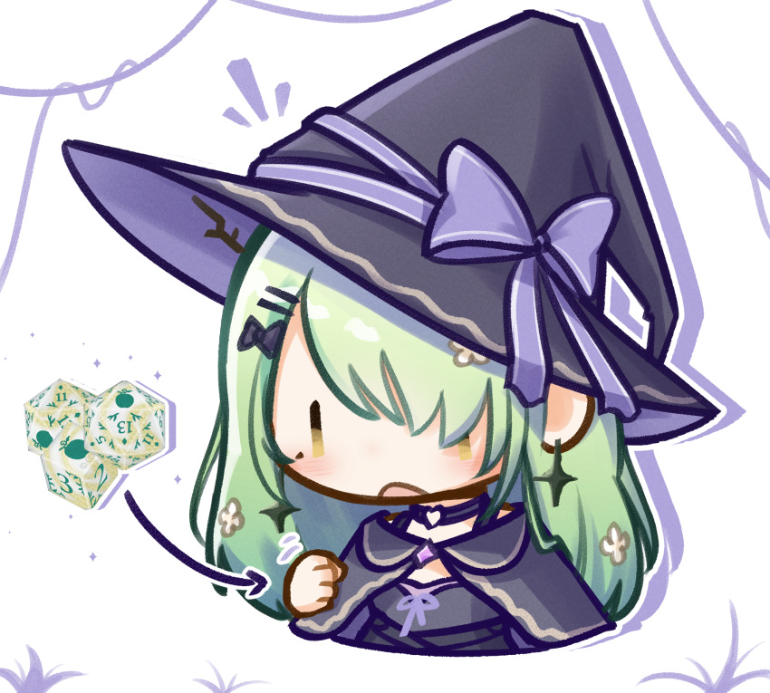 asymmetrical_bangs black_capelet black_choker black_dress blush capelet ceres_fauna ceres_fauna_(goth) chibi chibi_only choker dice dress earrings flower green_hair hair_flower hair_ornament hair_over_one_eye hand_up hat heart heart_choker heart_o-ring highres hololive hololive_english icosahedron jewelry long_hair mole mole_under_eye moon_ldl o-ring o-ring_choker official_alternate_costume open_mouth upper_body virtual_youtuber white_background witch witch_hat yellow_eyes |_|