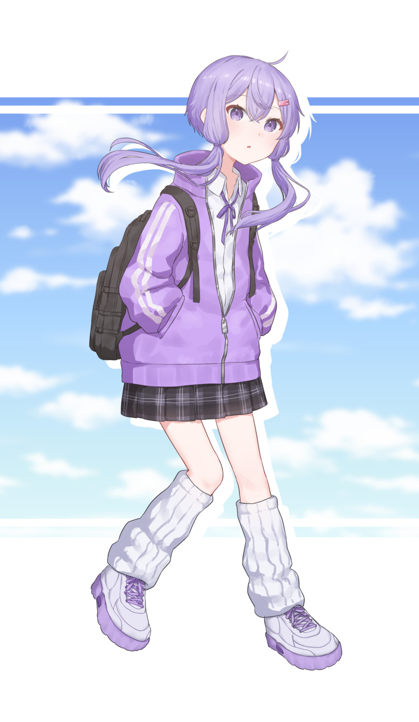 1girl absurdres backpack bag blush collared_shirt full_body hair_ornament hands_in_pockets highres jacket kirima_(zs_at_) leg_warmers long_sleeves looking_at_viewer neck_ribbon parted_lips partially_unzipped plaid plaid_skirt pleated_skirt purple_hair ribbon shirt shoes short_hair_with_long_locks skirt sky sneakers solo track_jacket violet_eyes vocaloid voiceroid yuzuki_yukari