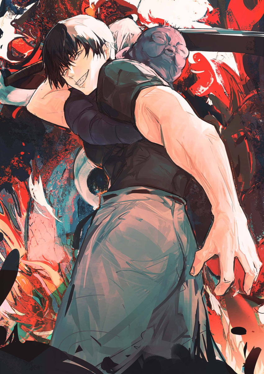 1boy absurdres ass black_hair cowboy_shot evil_grin evil_smile from_below fushiguro_touji grin highres holding holding_sword holding_weapon jujutsu_kaisen looking_at_viewer looking_down male_focus mature_male monster muscular muscular_male pants pectorals scar scar_on_face scar_on_mouth short_hair smile solo sword tamago_nashi turning_head weapon