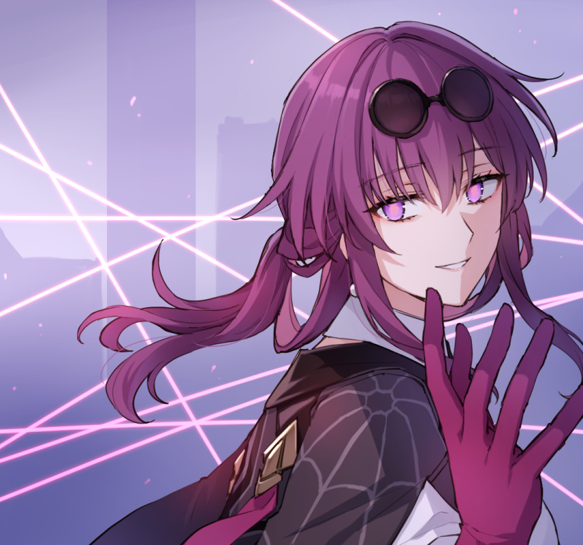 1girl black-framed_eyewear breasts eyewear_on_head from_side gloves hair_rings hand_up honkai:_star_rail honkai_(series) kafka_(honkai:_star_rail) long_hair looking_at_viewer looking_to_the_side medium_breasts purple_gloves purple_hair round_eyewear shirt smile solo somechime_(sometime1209) sunglasses upper_body violet_eyes white_shirt