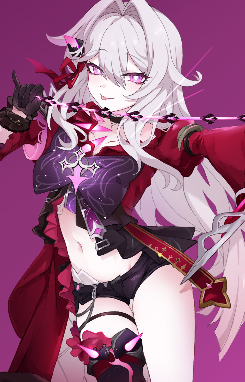 1girl absurdres awe_(adorableduckyy) bare_legs belly black_choker black_gloves black_shorts bright_pupils choker cross gloves highres holding holding_weapon honkai_(series) honkai_impact_3rd jacket long_hair long_sleeves looking_at_viewer naughty_face navel purple_background purple_ribbon red_jacket red_ribbon ribbon ribbon_hair_ornament shorts simple_background smile solo solo_focus thelema_(honkai_impact) tongue tongue_out upper_body violet_eyes weapon whip_sword white_hair white_pupils