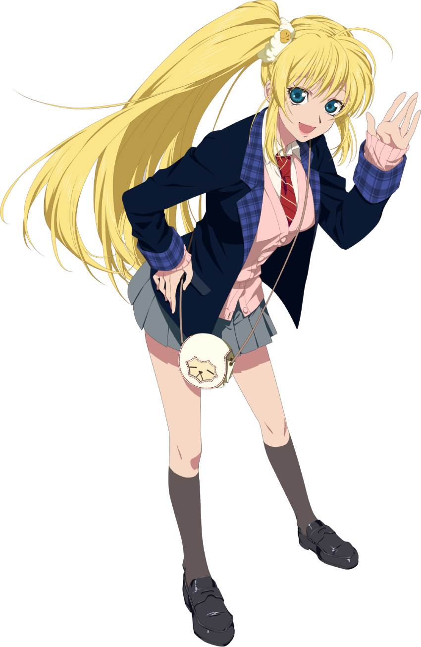 1girl :d bag black_socks blazer blonde_hair blue_eyes cardigan english_commentary full_body hair_ornament hand_on_own_hip hand_up handbag highres jacket kneehighs leaning_forward lilith_aileron lips loafers long_hair looking_at_viewer necktie official_art open_mouth pleated_skirt red_necktie school_uniform scrunchie shoes side_ponytail simple_background skirt smile socks solo tales_of_(series) tales_of_asteria tales_of_destiny transparent_background very_long_hair waving