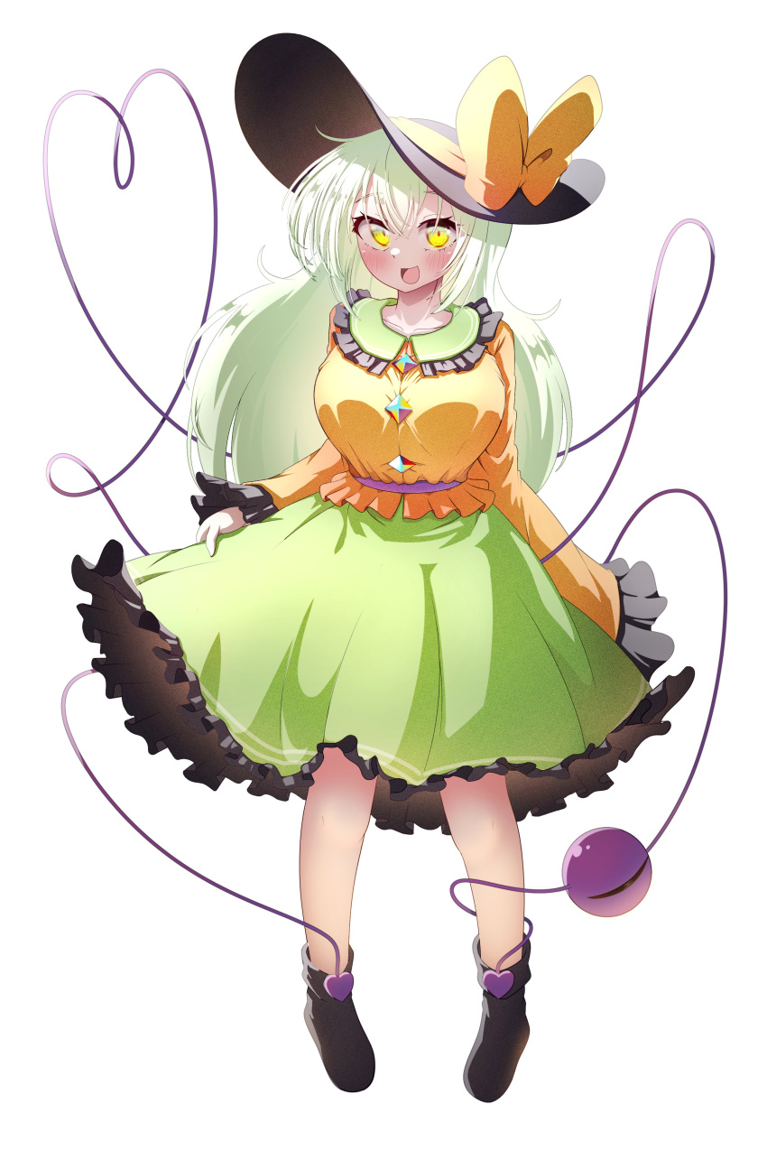 1girl absurdres black_footwear black_hat bow breasts commentary_request frilled_skirt frills full_body green_eyes green_hair green_skirt hat hat_bow heart heart_of_string highres komeiji_koishi long_hair open_mouth polyhedron2 simple_background skirt solo standing third_eye touhou white_background yellow_bow