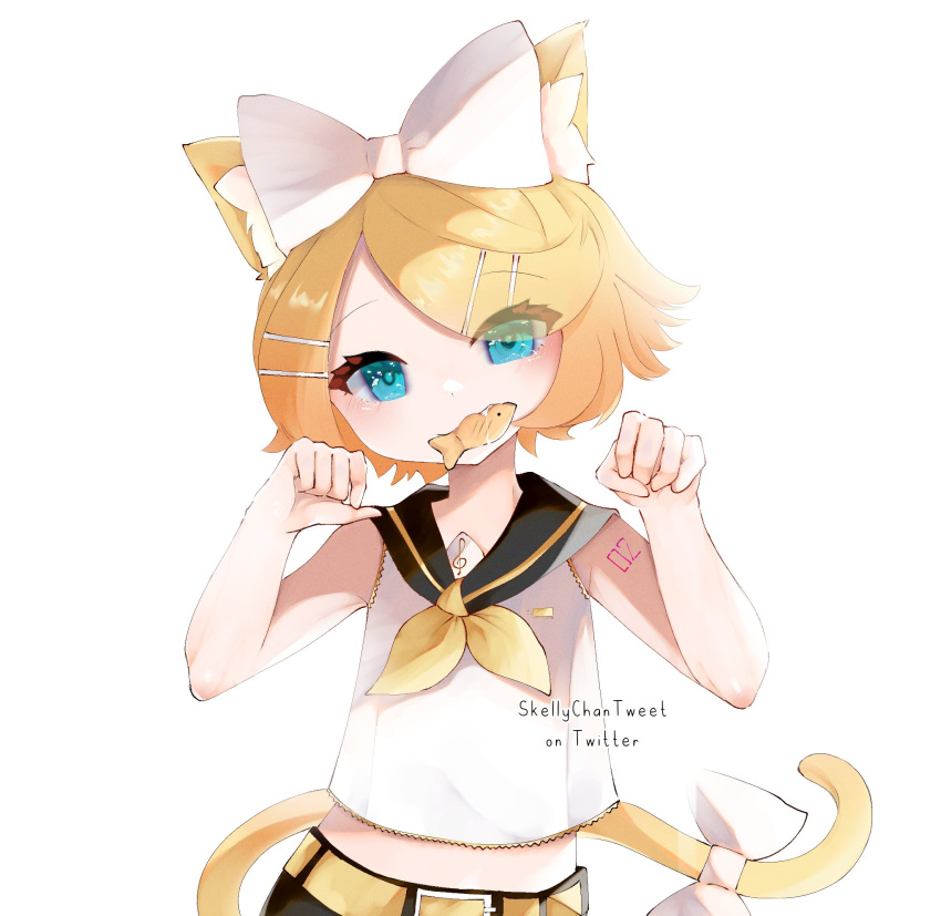 1girl animal_ear_fluff animal_ears aqua_eyes artist_name blonde_hair bow cat_ears cat_girl cat_tail closed_mouth dot_nose fang fish frills hair_bow hair_ornament hairclip highres kagamine_rin light_blush looking_at_viewer ribbon shirt shoulder_tattoo simple_background skellychan solo tail tattoo twitter_username vocaloid white_background white_shirt