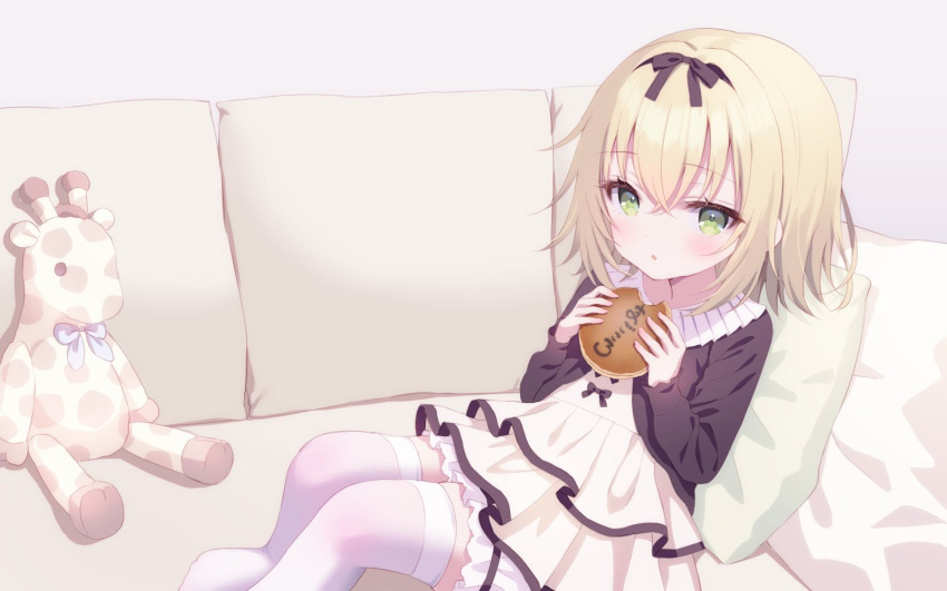 1girl :o black_bow black_jacket blonde_hair bloomers bow chitosezaka_suzu commentary_request commission couch dress food green_eyes grey_background hair_between_eyes hair_bow highres holding holding_food jacket layered_dress long_sleeves looking_at_viewer no_shoes on_couch original parted_lips pillow simple_background sitting skeb_commission sleeves_past_wrists solo stuffed_animal stuffed_giraffe stuffed_toy thigh-highs white_bloomers white_dress white_thighhighs