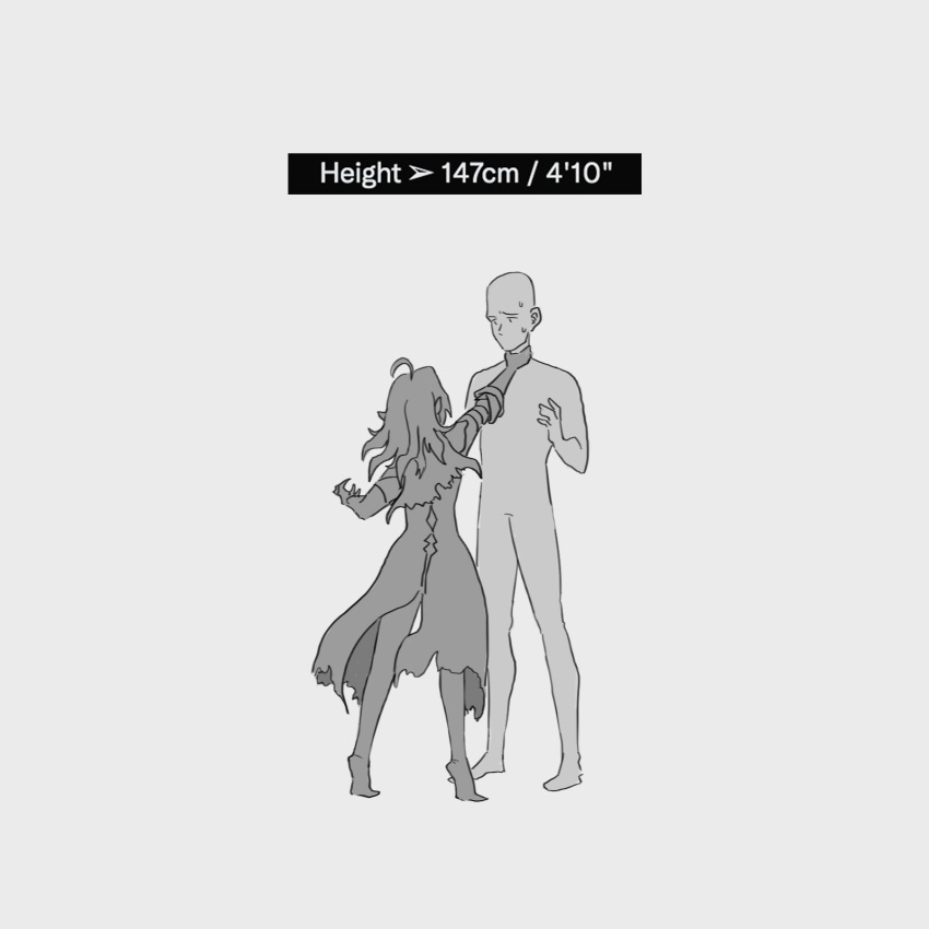 1boy 1girl ahoge capelet dress english_text geega_(vtuber) gloves greyscale halfbakelim hand_on_another's_neck height height_difference highres long_hair monochrome simple_background standing sweat tiptoes torn_clothes virtual_youtuber vshojo white_background wide_shot