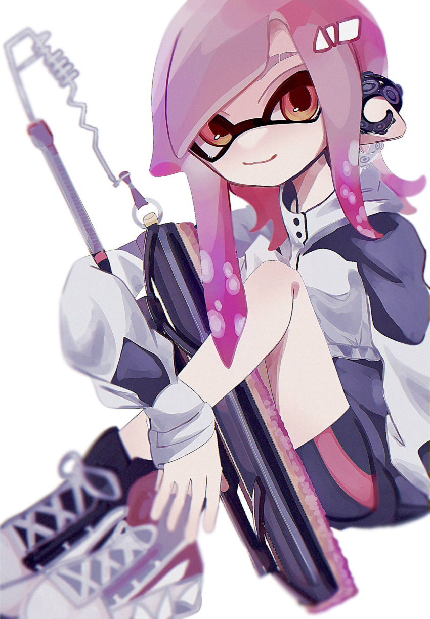 1girl bike_shorts black_jacket closed_mouth cross-laced_footwear earrings eyebrow_cut highres holding holding_sword holding_weapon icebo_x_x inkling inkling_girl inkling_player_character jacket jewelry long_hair looking_at_viewer multicolored_clothes multicolored_jacket orange_eyes pink_hair pointy_ears shoes simple_background sitting sleeves_past_wrists smile solo splatana_wiper_(splatoon) splatoon_(series) splatoon_3 sword tentacle_hair two-tone_jacket weapon white_background white_jacket