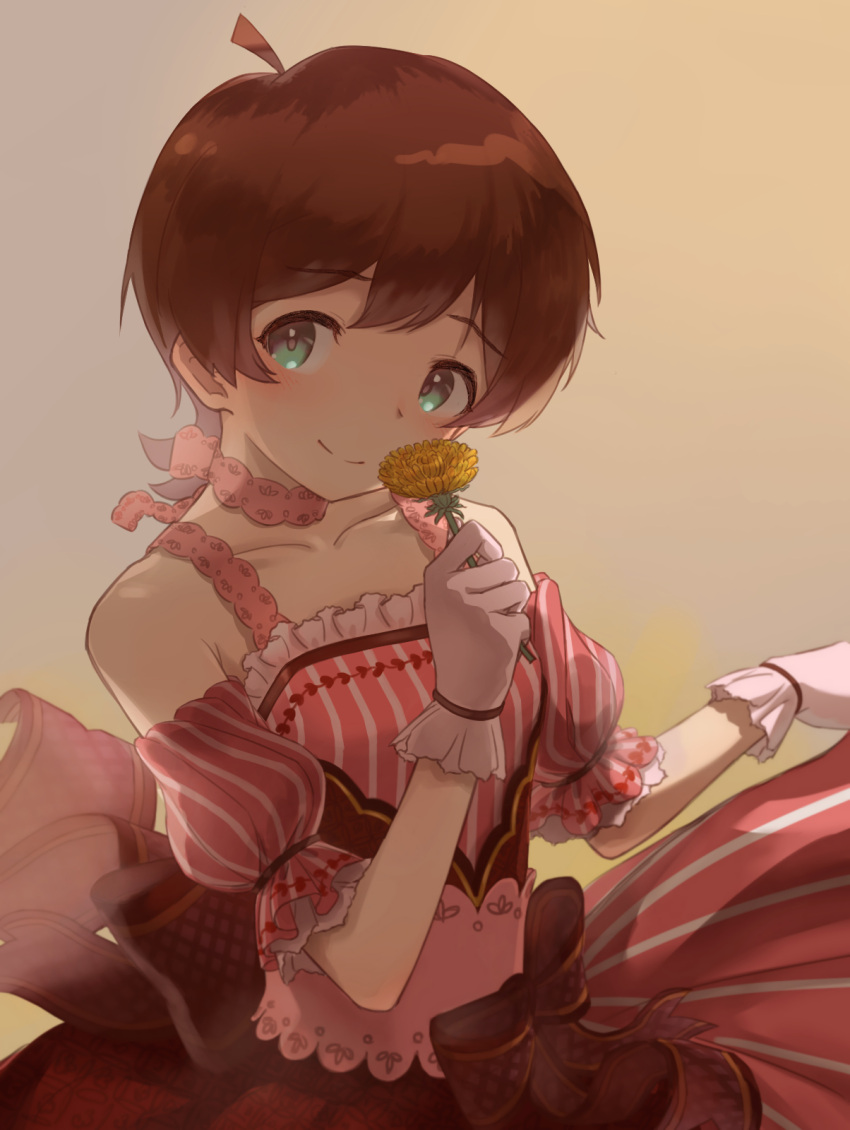 1girl ahoge bare_shoulders blush breasts brown_hair brown_ribbon choker closed_mouth collarbone detached_sleeves dot_nose double-parted_bangs dress flipped_hair flower frilled_dress frilled_gloves frills gloves gradient_background green_eyes head_tilt highres holding holding_clothes holding_flower holding_skirt idolmaster idolmaster_million_live! idolmaster_million_live!_theater_days kinoshita_hinata lace lace_choker light_smile looking_at_viewer official_alternate_costume pink_dress puffy_detached_sleeves puffy_sleeves ribbon shirafu_ne short_hair sidelocks simple_background skirt small_breasts solo striped_clothes striped_dress upper_body vertical-striped_clothes vertical-striped_dress waist_ribbon white_gloves