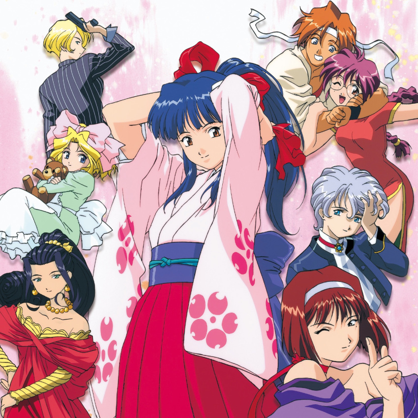 1990s_(style) 6+girls album_cover apron bad_link bare_shoulders bead_necklace beads black_hair black_sleeves black_suit blonde_hair blue_eyes blue_jacket blue_sleeves blue_stripes bow braid breasts brown_eyes brown_gloves cel_shading china_dress chinese_clothes closed_mouth collarbone cover cowboy_shot detached_sleeves dougi dress earrings everyone falling_petals fingerless_gloves floral_print floral_print_kimono freckles frilled_apron frills gloves gold_necklace green_dress green_eyes grey_hair gun hair_ornament hair_ribbon hairband hakama hakama_skirt half_updo hand_on_own_head headband highres holding holding_gun holding_stuffed_toy holding_weapon iris_chateaubriand jacket japanese_clothes jean-paul jewelry juliet_sleeves kanzaki_sumire karate_gi kimono kirishima_kanna legs leni_milchstrasse light_brown_hair long_hair long_sleeves maria_tachibana medium_breasts mole mole_under_eye multiple_girls neck_ribbon necklace obi official_art one_eye_closed open_eyes open_mouth parted_bangs parted_lips pelvic_curtain petals pink_background pink_bow pink_hair pink_kimono pink_sleeves pinstripe_pattern pinstripe_suit pointing pointing_up ponytail puffy_sleeves purple_hair purple_kimono purple_sash red_dress red_hakama red_ribbon red_tank_top retro_artstyle ri_kouran ribbon round_eyewear sakura_taisen sash sega shinguuji_sakura shirt short_hair side_slit sidelocks simple_background skirt smile soletta_orihime standing straight_hair striped_clothes striped_shirt striped_sleeves stuffed_animal stuffed_toy suit tank_top teddy_bear teeth third-party_source traditional_media twin_braids tying_hair upper_body vertical-striped_clothes vertical-striped_shirt violet_eyes wavy_hair weapon white_background white_hairband white_headband white_sleeves white_stripes wide_sleeves wrench yellow_sleeves
