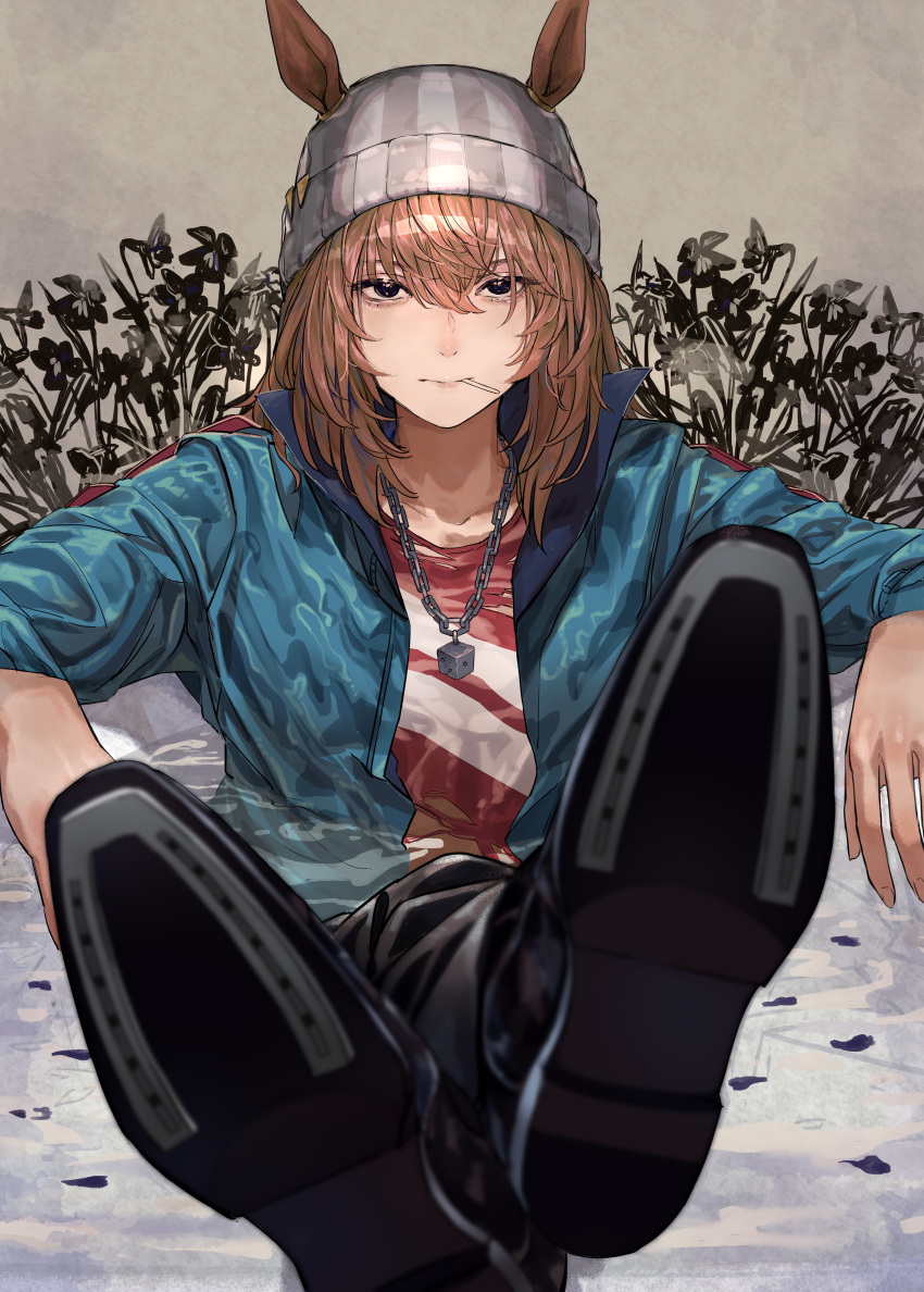 1girl absurdres animal_ears beanie black_eyes blue_jacket brown_background brown_hair chain_necklace crossed_legs dice_pendant feet_up footwear_focus grey_hat hair_between_eyes hat highres horse_ears horse_girl horseshoe jacket jewelry long_hair long_sleeves looking_at_viewer nakayama_festa_(umamusume) necklace open_clothes open_jacket oshiri_seijin red_shirt shirt slouching solo striped_clothes striped_headwear textless_version umamusume