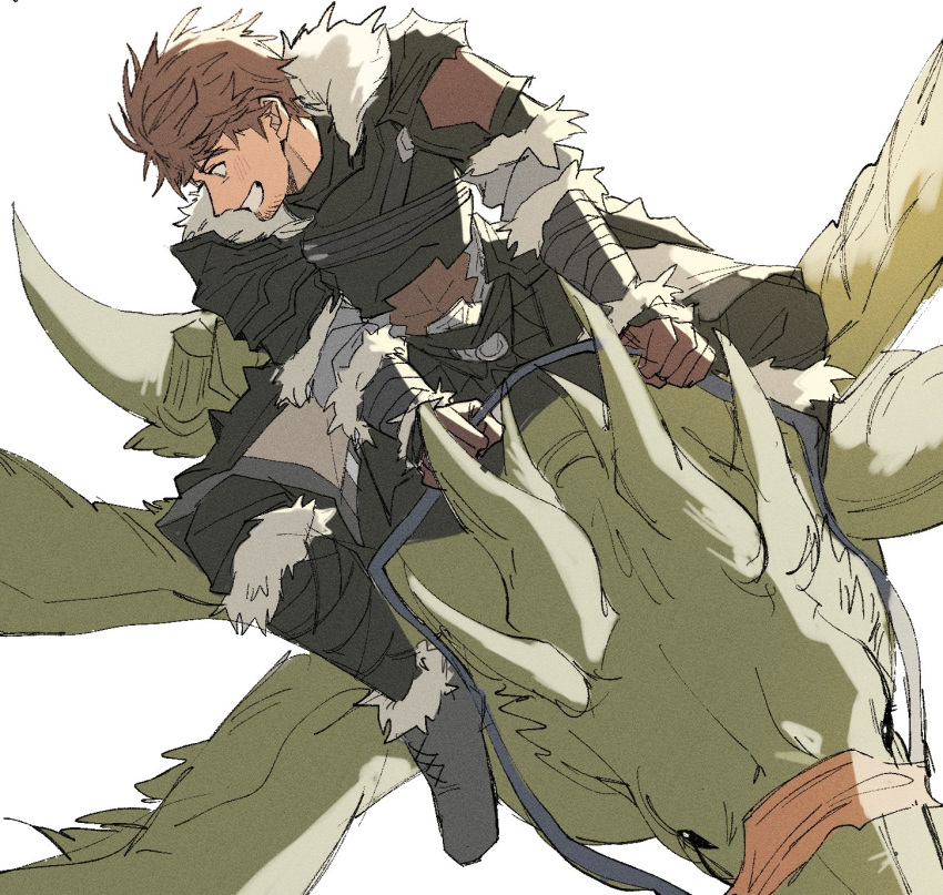 1boy amaro_(ff14) ardbert_hylfyst armor black_footwear blue_eyes boots breastplate brown_gloves brown_hair commentary english_commentary final_fantasy final_fantasy_xiv full_body fur-trimmed_armor fur_trim garbage_paper gloves grin highres holding holding_reins hyur looking_to_the_side male_focus pauldrons reins riding short_hair shoulder_armor simple_background sitting smile warrior_(final_fantasy) white_background wings