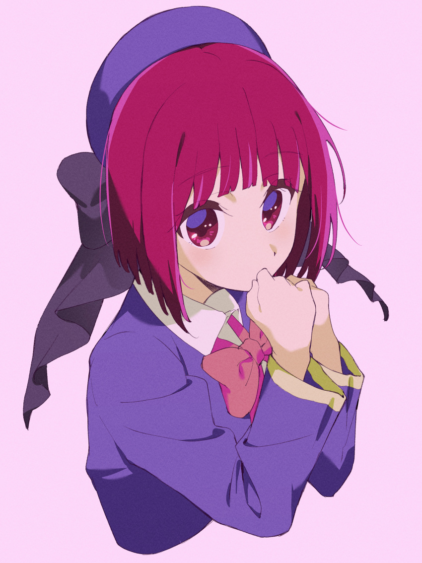 1girl absurdres arima_kana beret black_bow blazer blue_hat blunt_bangs bob_cut bow bowtie collared_shirt commentary covered_mouth cropped_torso hands_up hat highres jacket koiori looking_at_viewer oshi_no_ko own_hands_together purple_jacket red_bow red_bowtie red_eyes redhead shirt short_hair solo white_shirt