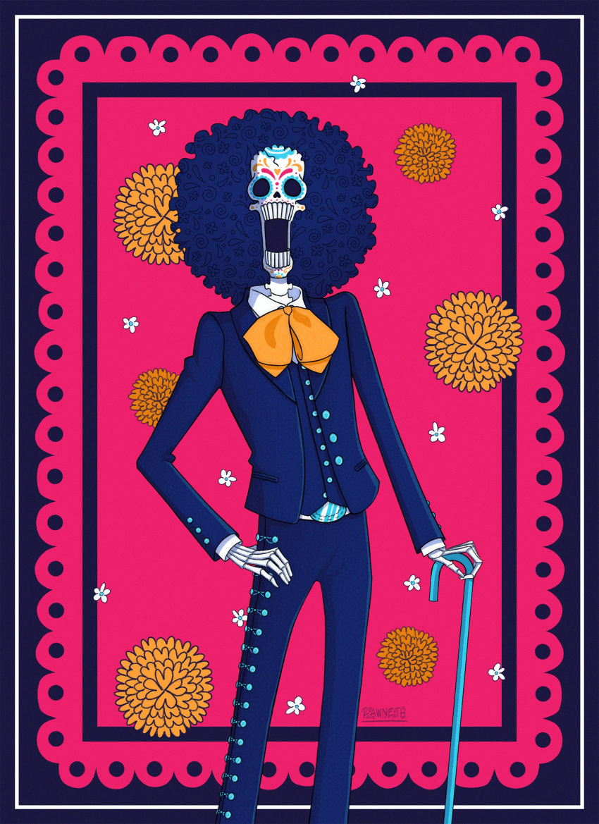 1boy absurdres afro black_border black_jacket black_pants border bow bowtie brook_(one_piece) buttons cane cowboy_shot flower hand_on_own_hip highres holding holding_cane jacket looking_at_viewer makeup male_focus one_piece open_clothes open_jacket orange_bow orange_bowtie pants pink_background rawneth skeleton solo spanish_commentary waistcoat