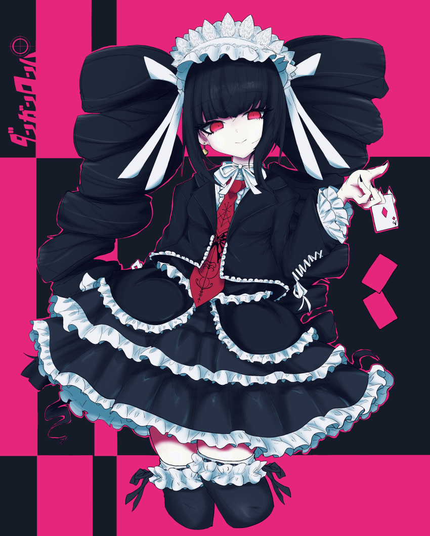1girl absurdres black_background black_hair black_jacket black_nails black_skirt black_thighhighs card celestia_ludenberg cropped_legs danganronpa:_trigger_happy_havoc danganronpa_(series) drill_hair earrings frilled_jacket frilled_skirt frills highres holding holding_card jacket jewelry layered_skirt long_hair long_sleeves nail_polish necktie open_clothes open_jacket pink_background print_necktie red_eyes red_necktie rein_(3313) skirt smile solo thigh-highs twin_drills twintails
