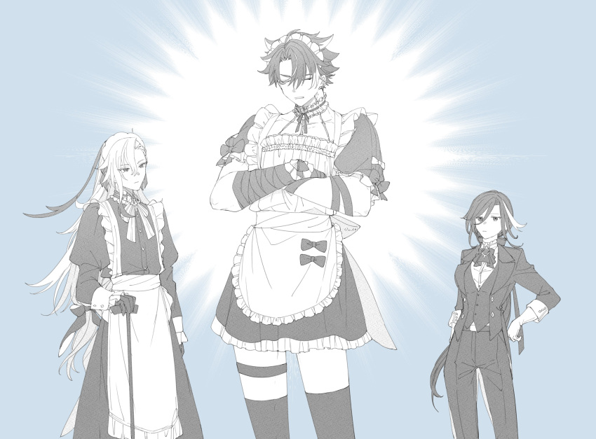 1girl 2boys :| absurdres alternate_costume apron arm_at_side ascot bandaged_arm bandages bow cane clorinde_(genshin_impact) closed_eyes closed_mouth collar commentary_request crossed_arms dress enmaided formal frilled_apron frilled_collar frills genshin_impact gloves greyscale hair_between_eyes hand_on_own_hip head_tilt highres iori147 jacket legs_apart long_dress long_hair long_sleeves looking_at_another maid maid_headdress monochrome multicolored_hair multiple_boys neuvillette_(genshin_impact) open_clothes open_jacket over-kneehighs pant_suit pants scar scar_on_face shirt short_dress short_hair short_sleeves sleeves_past_wrists standing suit suit_jacket thigh-highs thigh_strap two-tone_hair very_long_hair vest waist_apron wriothesley_(genshin_impact)