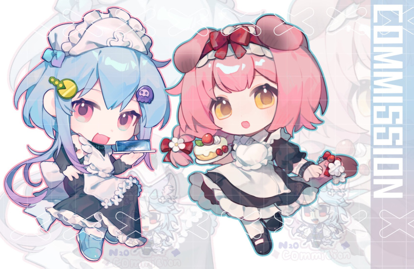 1boy 1girl :o alternate_costume animal_ears apron arknights black_dress black_footwear blue_footwear blue_hair braid cake cat_ears cat_tail chibi chinese_commentary commentary_request commission creator_connection crossdressing dress enmaided food frilled_dress frills full_body goldenglow_(arknights) highres holding holding_plate jellyfish_hair_ornament light_blue_hair long_hair looking_at_viewer maid maid_headdress mizuki_(arknights) nitrogen_owo open_mouth pac-man pac-man_(game) pink_eyes pink_hair plate purple_hair side_braid smile socks tail tail_ornament watermark white_apron white_socks yellow_eyes zoom_layer