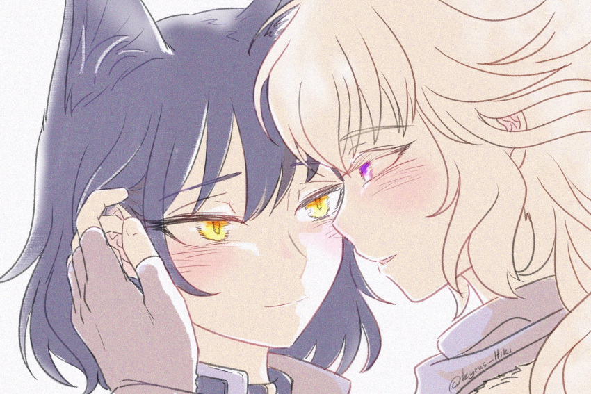 2girls animal_ears black_hair blake_belladonna blonde_hair blush cat_ears closed_mouth commentary eye_contact fingerless_gloves gloves hand_on_another's_face highres kyrus_hiki looking_at_another multiple_girls parted_lips portrait rwby short_hair smile violet_eyes yang_xiao_long yellow_eyes yuri