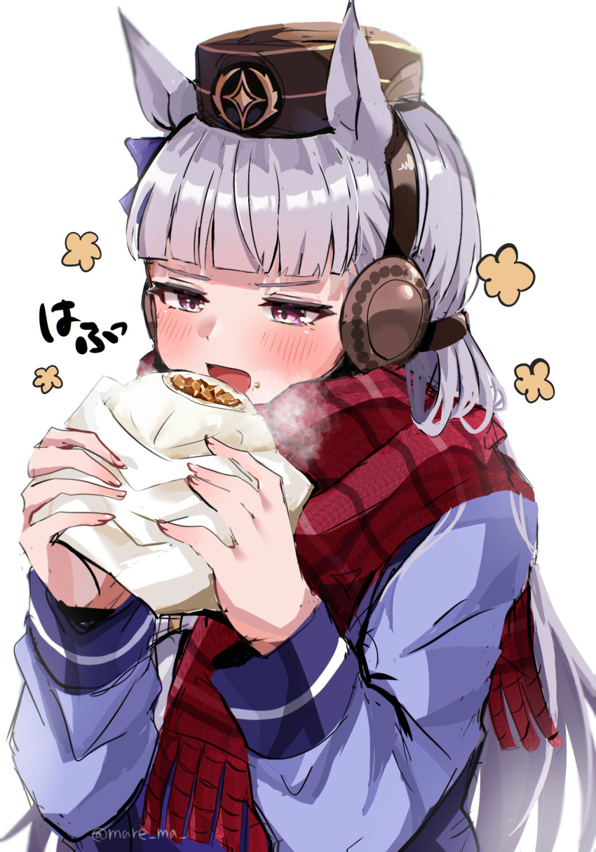 1girl absurdres animal_ears baozi blush bow commentary_request ear_bow eating food gold_ship_(umamusume) grey_hair highres holding holding_food horse_ears horse_girl long_hair long_sleeves mare_ma open_mouth pillbox_hat plaid plaid_scarf purple_bow purple_shirt red_scarf scarf school_uniform shirt simple_background solo tracen_school_uniform twitter_username umamusume upper_body violet_eyes white_background winter_uniform