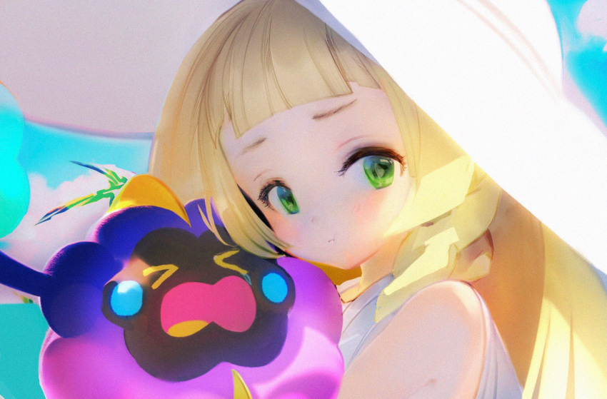 &gt;_&lt; 1girl bare_shoulders blonde_hair blue_sky blunt_bangs blush braid closed_eyes closed_mouth clouds cosmog crying day dress green_eyes half-closed_eyes hat highres hug lillie_(pokemon) looking_at_viewer open_mouth pokemon pokemon_(creature) pokemon_sm pout sad shiratsuyu_mone sky sleeveless sleeveless_dress sun_hat twin_braids upper_body